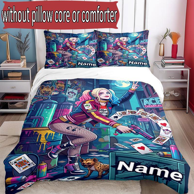 3pcs Duvet Cover Set (1*Duvet Cover + 2*Pillowcase, Without Core), Custom Name Harley Quinn Pattern Bedding Set, Home Bedroom Decor Gift