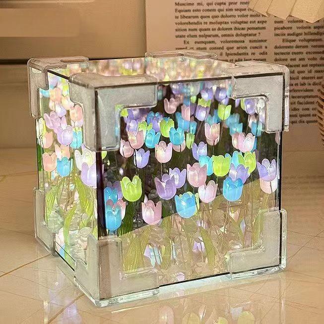 DIY 3D Cloud Tulip LED Night Light Flower Sea Mirror Table Lamps Cube Mirror Atmosphere Night Light Bedroom Decor Table Lamp