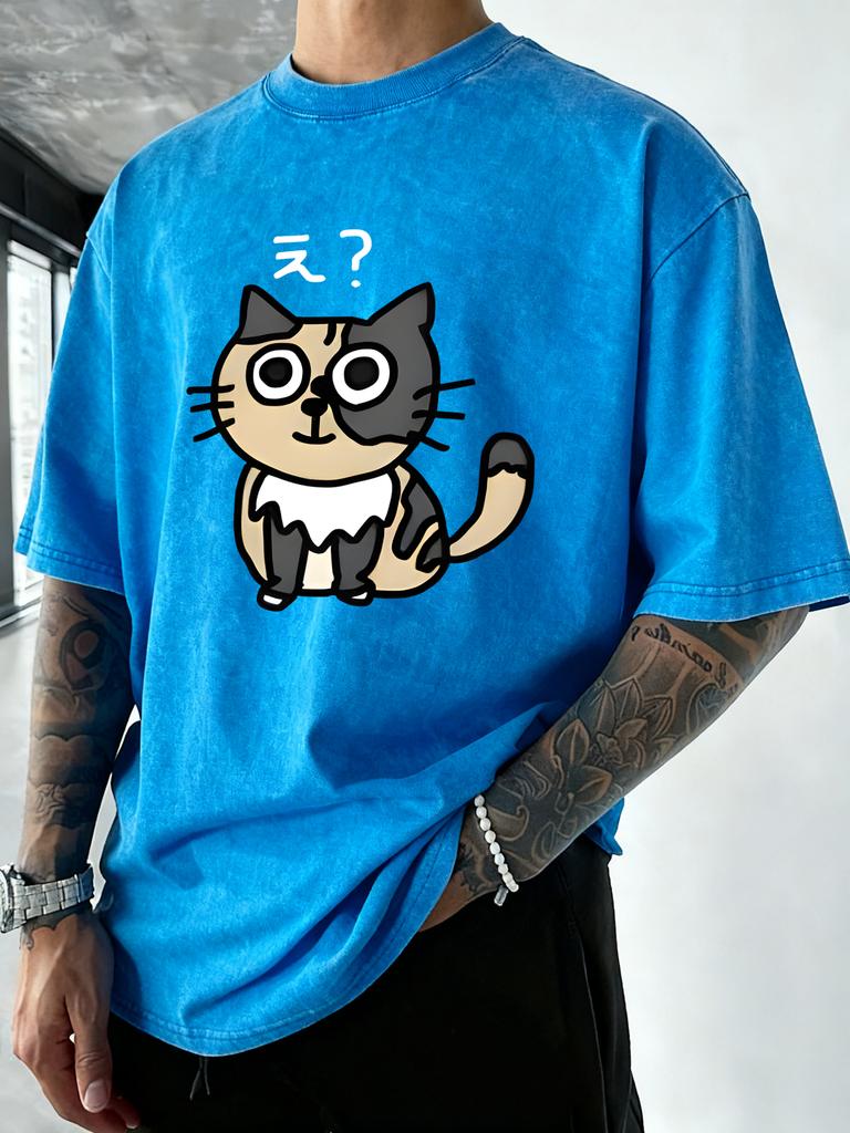 A Cat Full Of Doubts Design Washed TShirt Man Vintage Oversized Top Summer Cotton T Shirts Beach Vacation Mens Short Sleeves