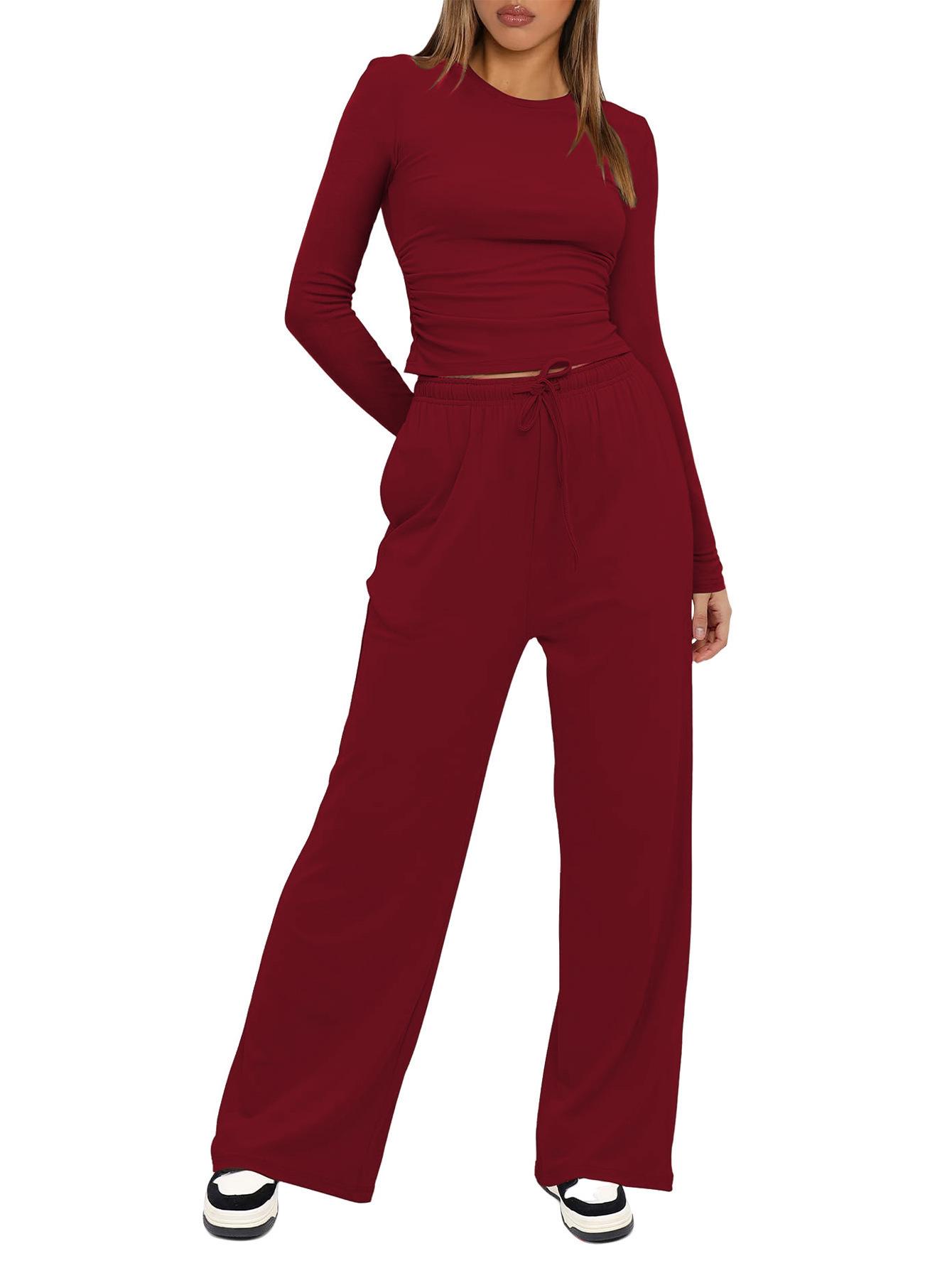 

European & American Women s Solid Color Casual Sports Set: Long Sleeve Top & Wide-Leg Pants. L вино красного