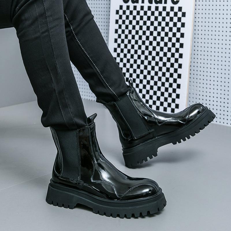 British Medium Tube Martin Boots Men's Trendy Leather Platform Cigarette Boots Glossy Black Chelsea Boots European and American High-top Shoes Men