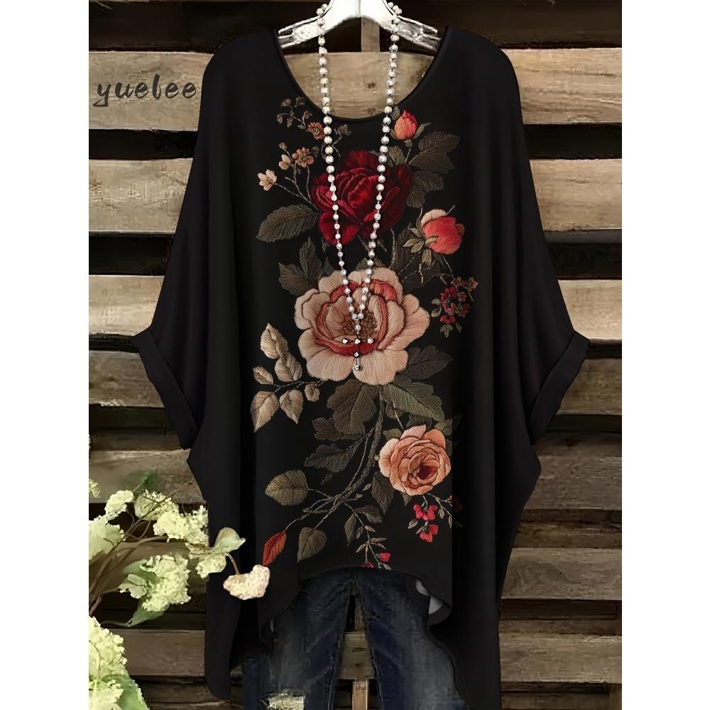 T-shirt Estiva Elegante Bohemien Bicolore da Donna con Stampa Floreale a Forma di Cuore e Farfalla, Scollo Tondo, Blusa Casual, Abbigliamento Bohemien da Donna