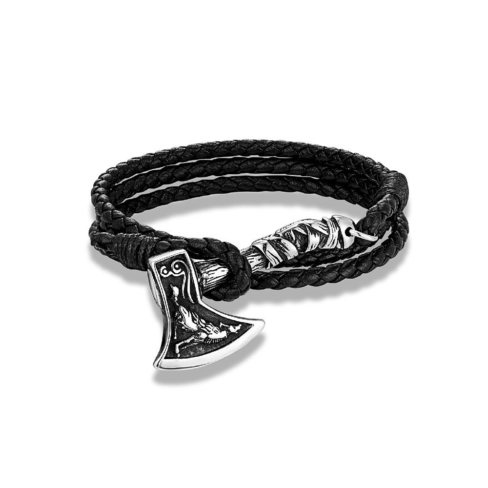 Mens Stainless Steel Vikings Axe Bracelet Leather Wolf Amulet Handmade Bracelet For Men Women Biker Outdoor Jewelry Gift
