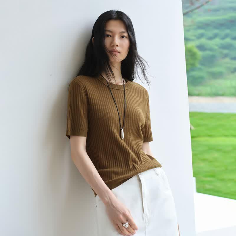 Elva Island Women s Autumn Ribbed Short Sleeve Knit Top L желто-зеленый