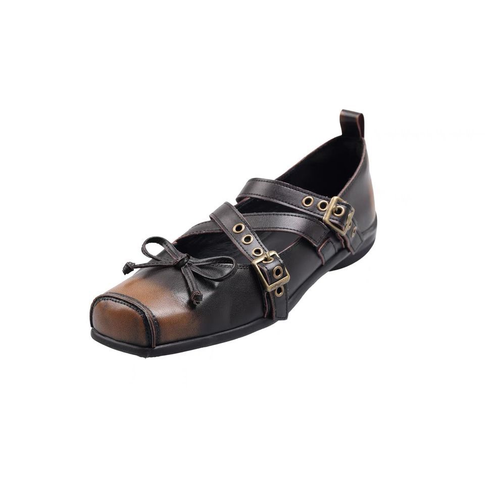 

Polished new retro belt buckle ballet shoes women s flat Mary Jane shoes rivets soft bottom bow single shoes women 35