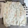 Blumendruck Damen Herbst Zweiteiliges Pyjama-Set Langarm V-Ausschnitt Oberteil Elastische Taille Hose 2 Teile Weibliche Schlafbekleidung Nachtwäsche
