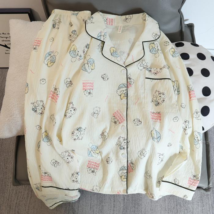 Blumendruck Damen Herbst Zweiteiliges Pyjama-Set Langarm V-Ausschnitt Oberteil Elastische Taille Hose 2 Teile Weibliche Schlafbekleidung Nachtwäsche