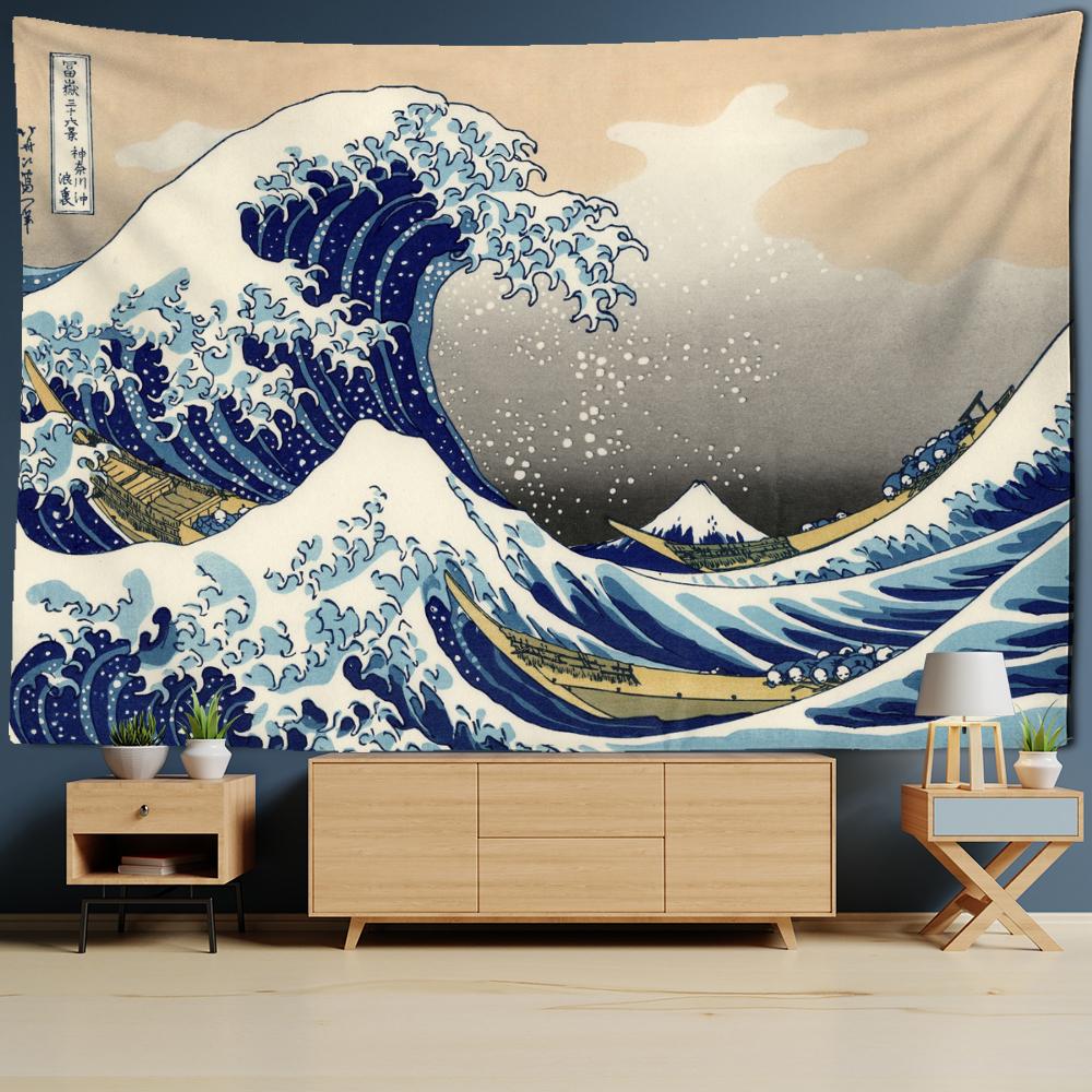 Japanese Illustration Tapestry Wall Hanging Kanagawa Wave Printing Bohemian Hippie Bedroom Home Decor