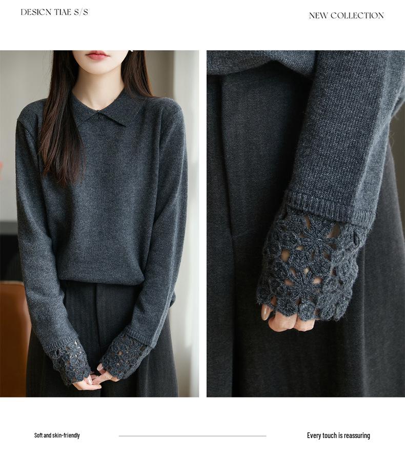 Women's French High-End Crochet Polo Collar Knitwear: Stylish Hollow-Out Lapel Sweater