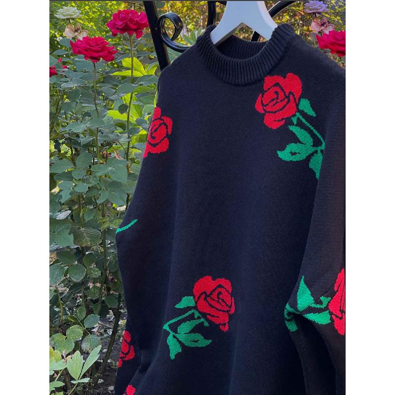 

Свитер с круглым вырезом и принтом роз в виде кросс-бордера, европейский и американский осенне-зимний новый универсальный свободный свитер-пуловер для женщин M чёрный
