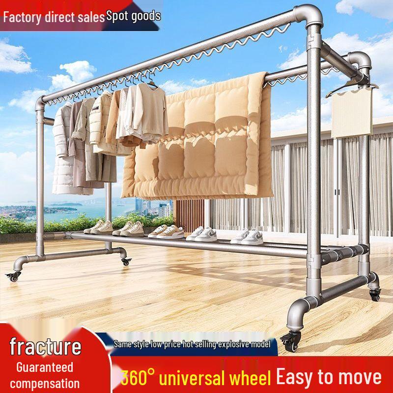 Galvanized Steel Pipe Clothes Rack for Balcony or Bedroom - Floor Standing Hanger