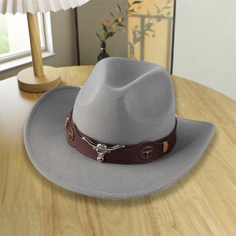 Spring and summer new retro cow head belt crimped woolen cowboy hat children's ethnic style outdoor grassland sunshade top hat
