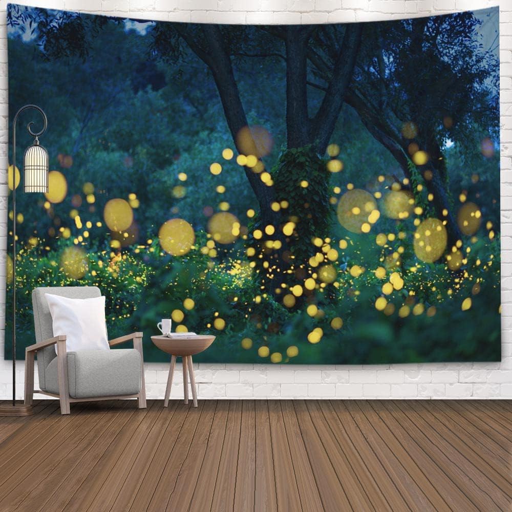 Fantasy Night Forest Tapestry Lightning Bugs Fireflies Glow Wall Art Magical Gift for Friends Family Decor