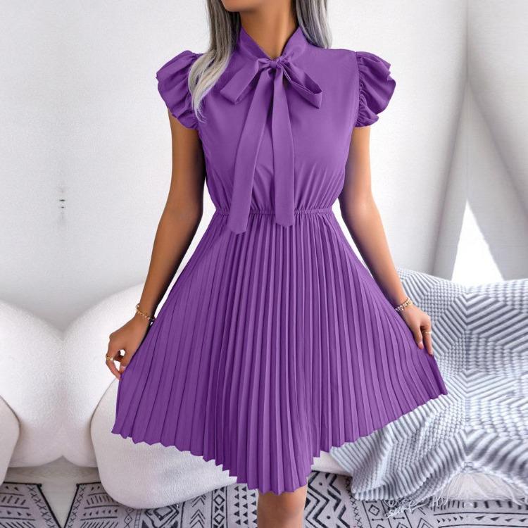 Elegantes Damen-Sommerkleid in Unifarbe mit Hoher Taille, Plissee-Detail und Großem Schleifenkragen, Schnürung, Mode, Frühling