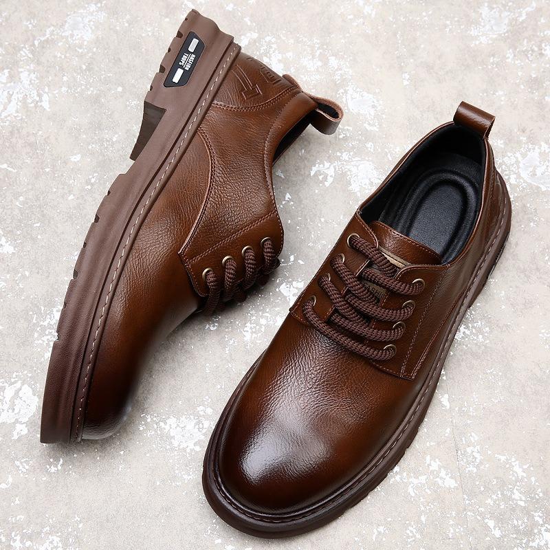 Spring Derby Shoes Men's Low Top Martin Boots Round Head Big Head Shoes Black Tooling Shoes Platform Casual Leather Shoes