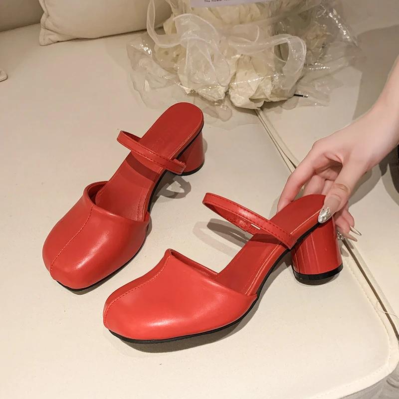 Mode 2025 Neue Halbzehen-Halbpantoletten Damen Dickabsatz Mantel, Modische Sommer High Heels Coole Flip-Flops