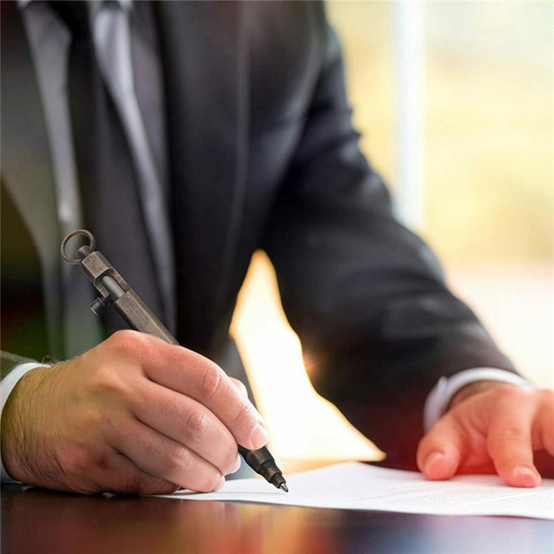 Tragbarer Bolt-Action-Stift aus massivem Messing mit Ring, quadratische Form, Retro-Stil, Taschen-Business-Signatur