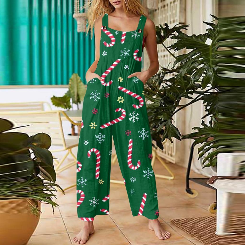 Women's Casual Christmas Printed Jumpsuit Sleeveless Printed Cotton Jumpsuit