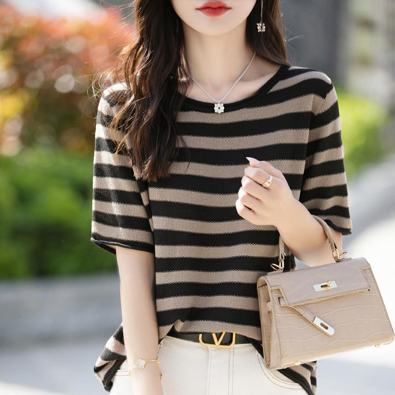 Pure Cotton Crew Neck Striped Fashionable Versatile Contrasting Color Age-reducing Short-sleeved Summer New Casual Top