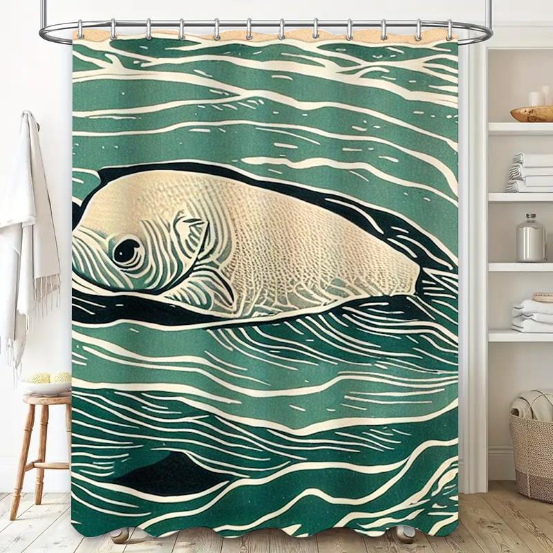 Unique Fish Design Waterproof Shower Curtain White Waves Green Color Bath Room Decoration for Home Decorate