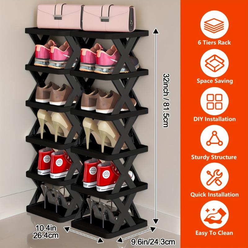 1PACK 6-lagiges, hochbelastbares Schuhregal, faltbar und stapelbar, platzsparendes schmales Design, robustes Kunststoff-Schuhregal