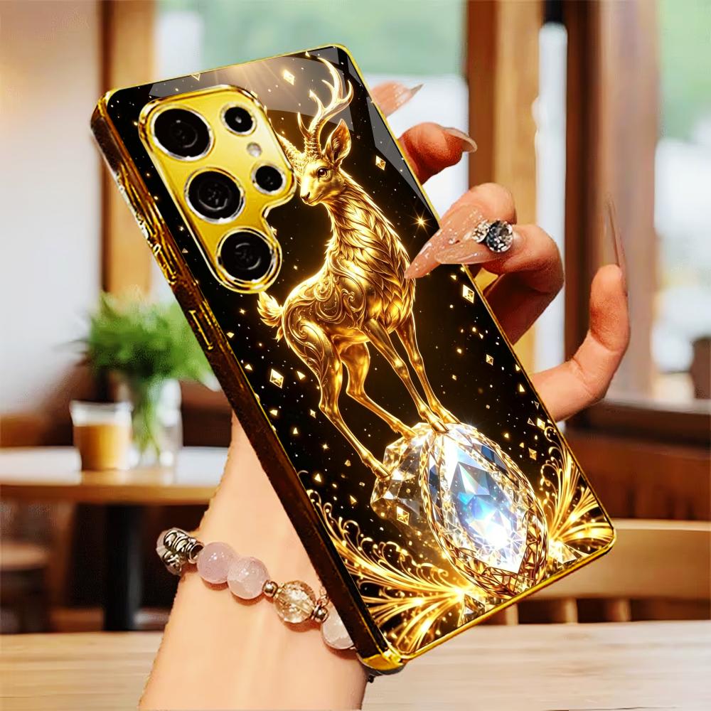 Golden Deer with Crystal Print phone case glass s26 ultra case mobile phones for Samsung Galaxy S26 S25 S24 S23 S22FE Ultra Plus
