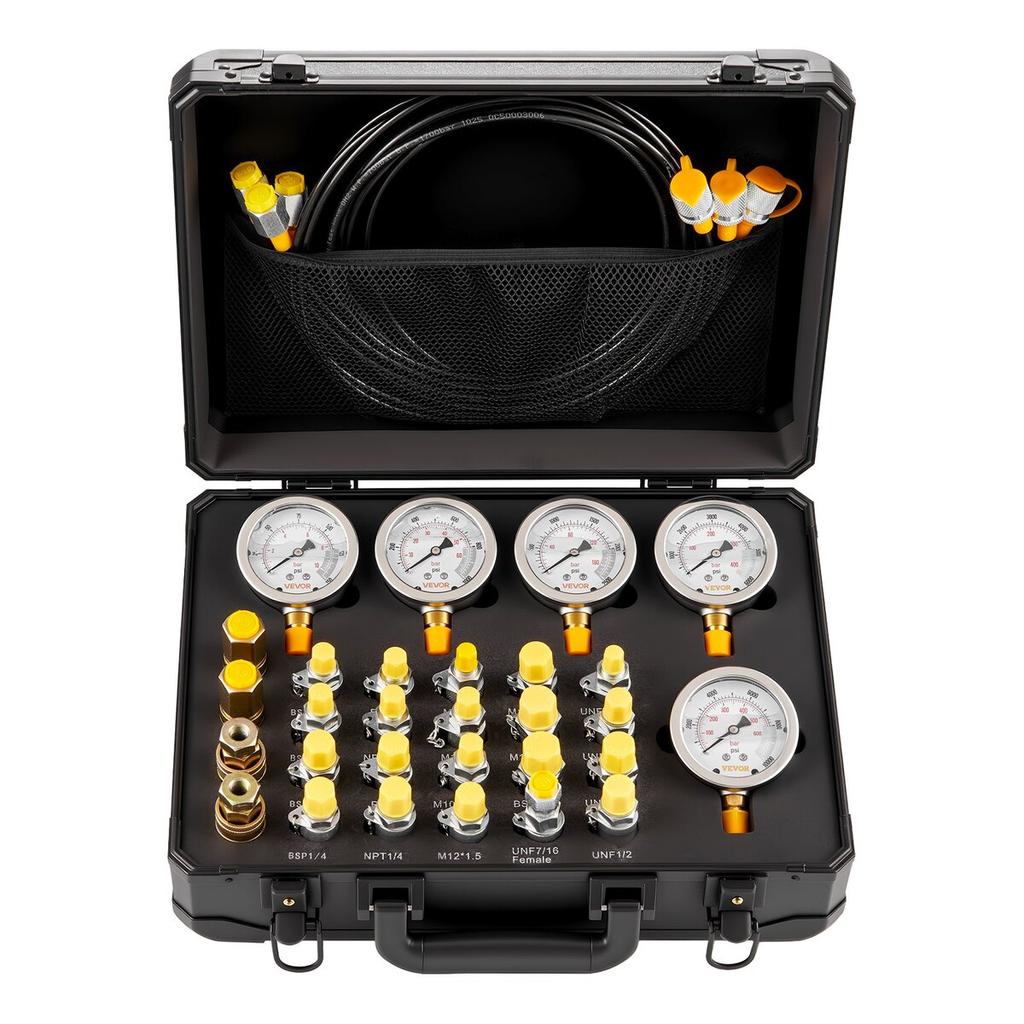 Hydraulic Pressure Test Kit, 10/60/160/400/600 Bar (150/900/2300/6000/9000 PSI), Hydraulic Gauge Kit 5 Gauges 20 Couplings 4 Quick-Release Couplers 3