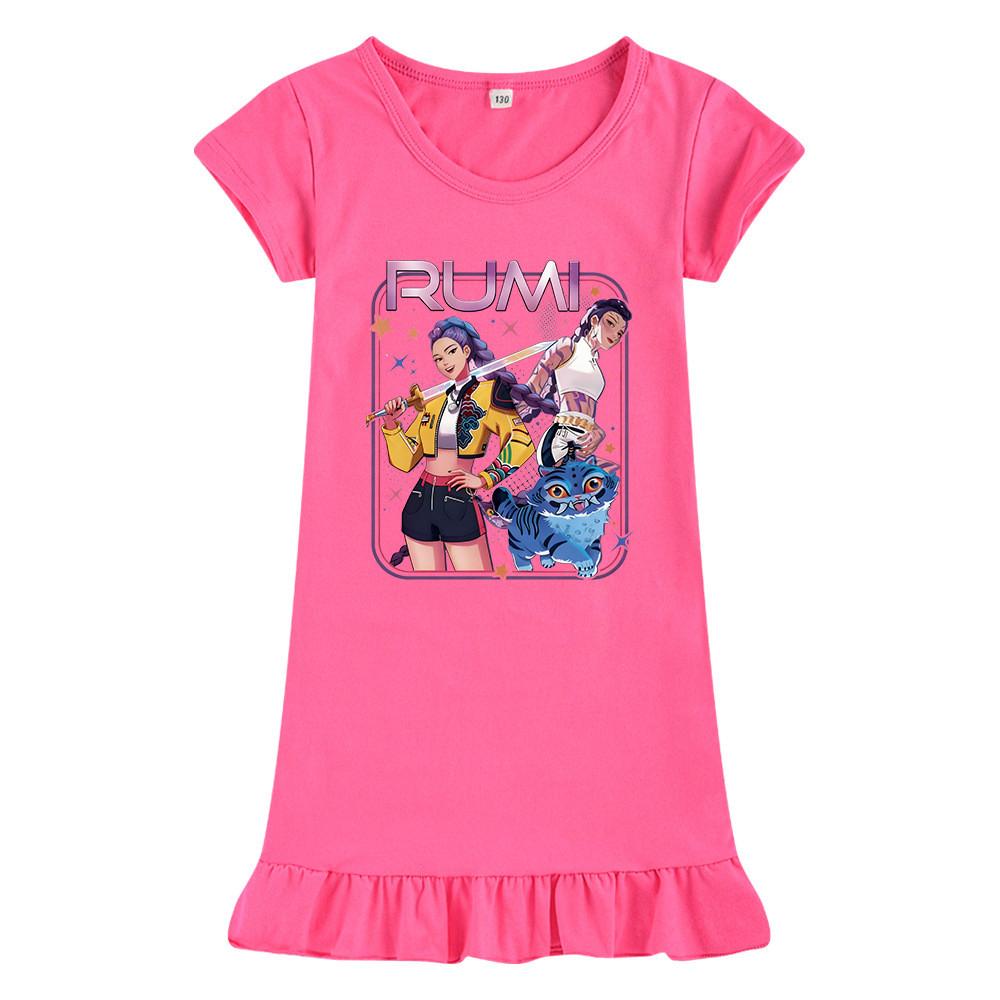 M1249 Kids Girls Kpop Rumi Zoey Mira Print Short Sleeves Ruffle Dress