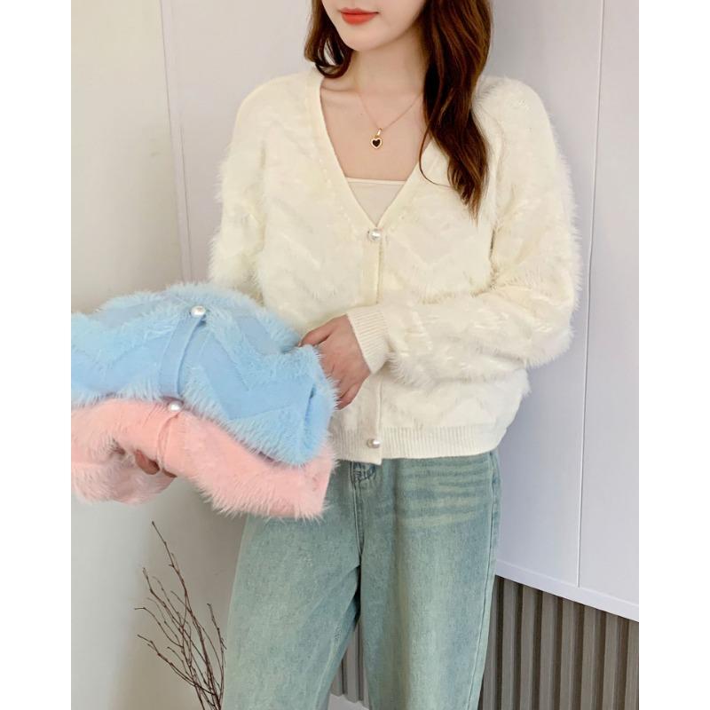 

Imitation mink fleece sweater loose and versatile V-neck temperament casual knitted cardigan jacket one size fits all