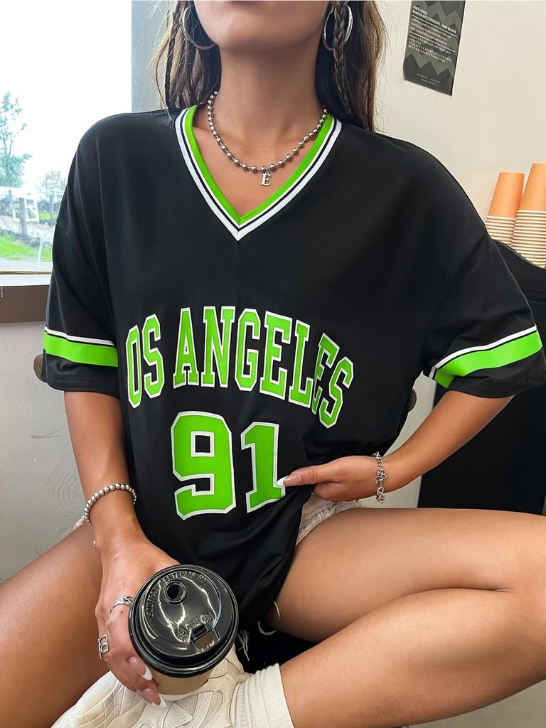 Los Angeles 91 Letter Women's Large Printed T-shirt V-neck Loose Wear Sports Jersey Spring/Summer Tshirt Top