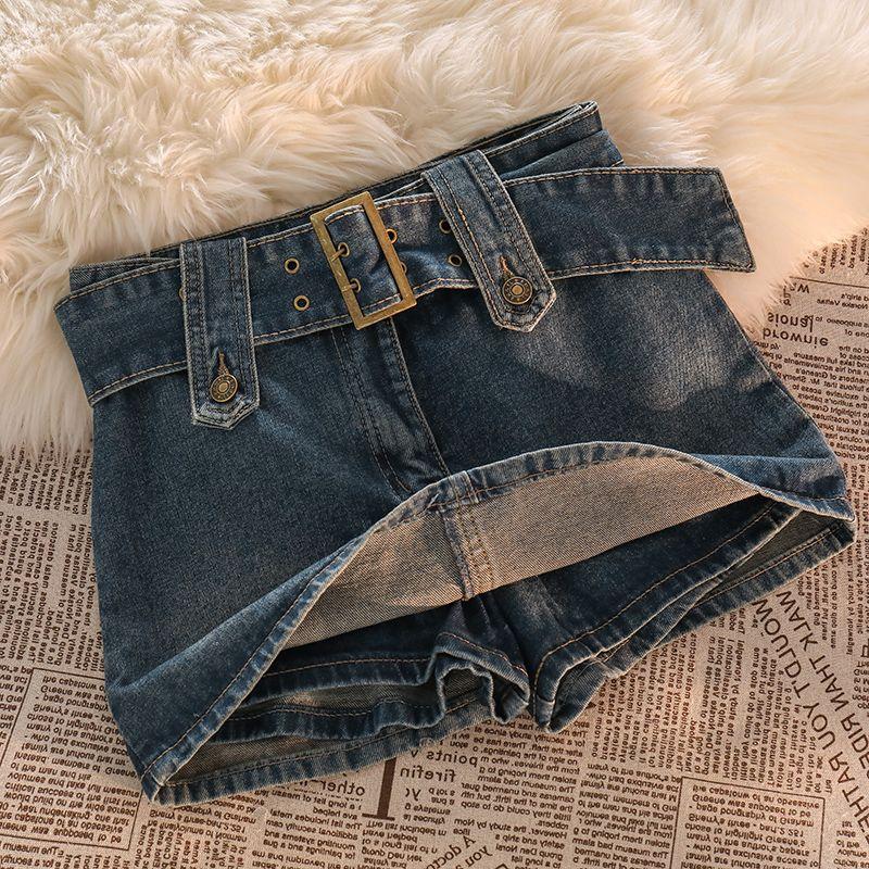 

Fashion Sexy Plus Size Denim Pantskirt Summer Fat Sister Flab Hiding Short Skirt Fashion Tape A- line Sheath Skirt Blue S