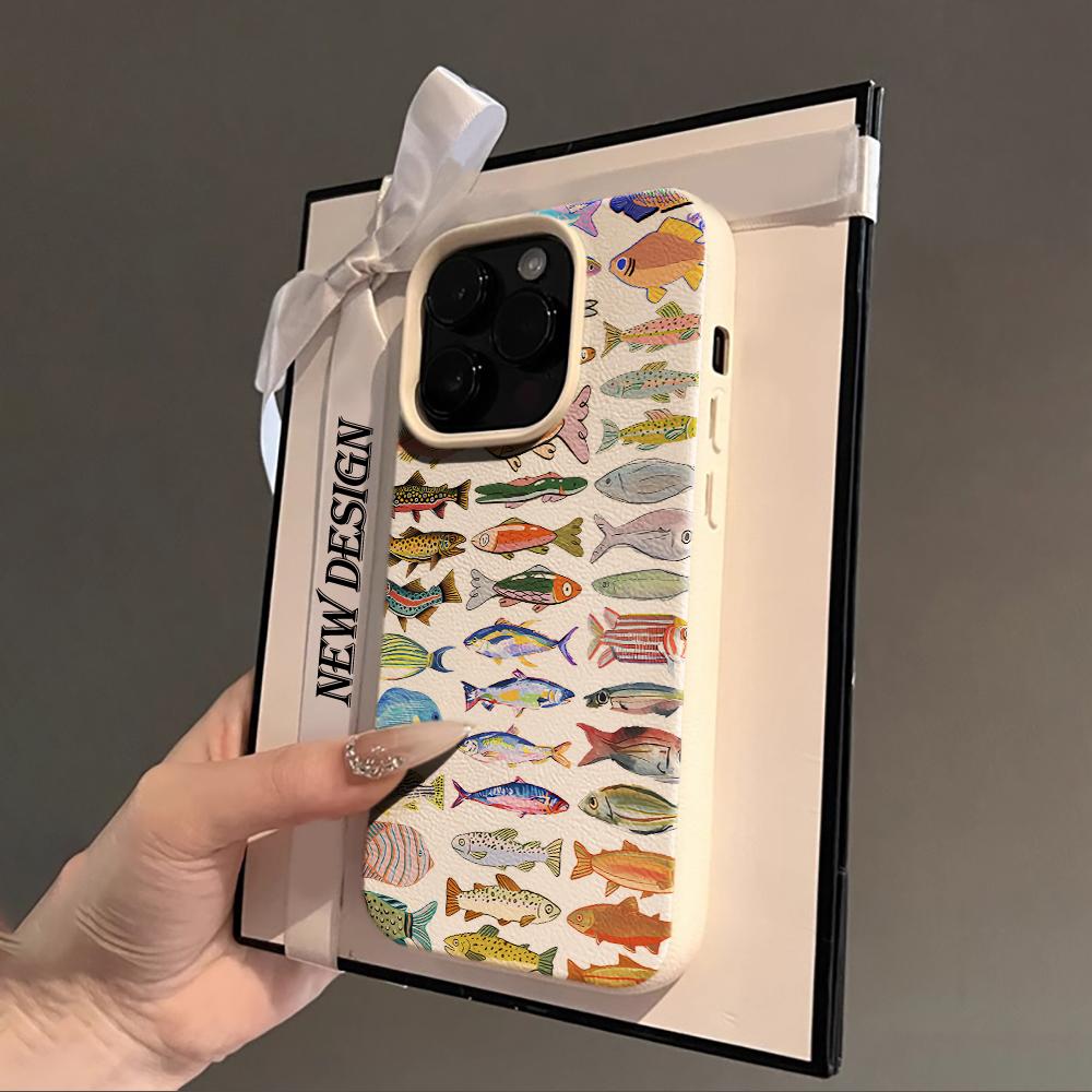 Cute Fish School Pattern Lychee Soft Phone Case For iPhone 17 16 15 14 13 12 11 Pro Max Air 15 16 Plus X XR XS Shockproof Cover