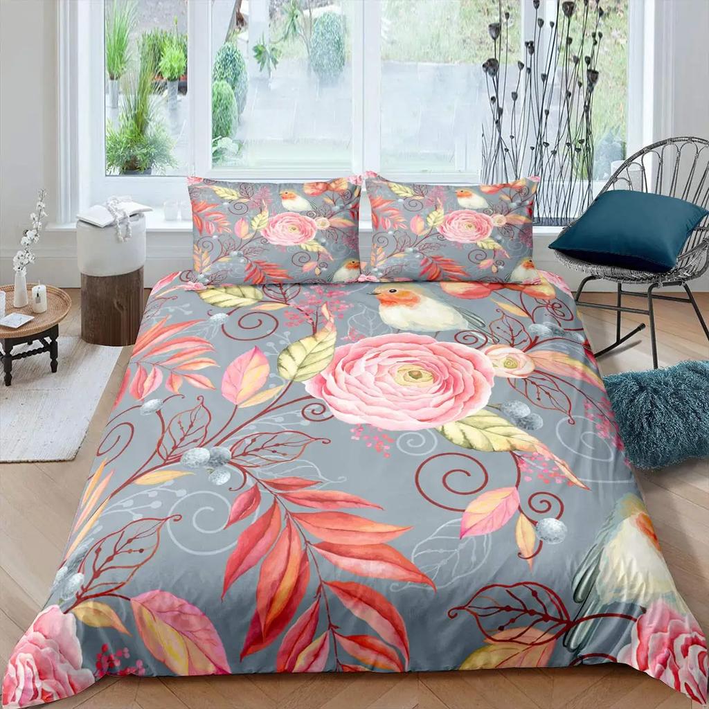 Pink Peony Duvet Cover Set Tulips Flowers Comforter Cover For Girls Women TwinFlorals Blossoms Botanical Plants Bedding Sets