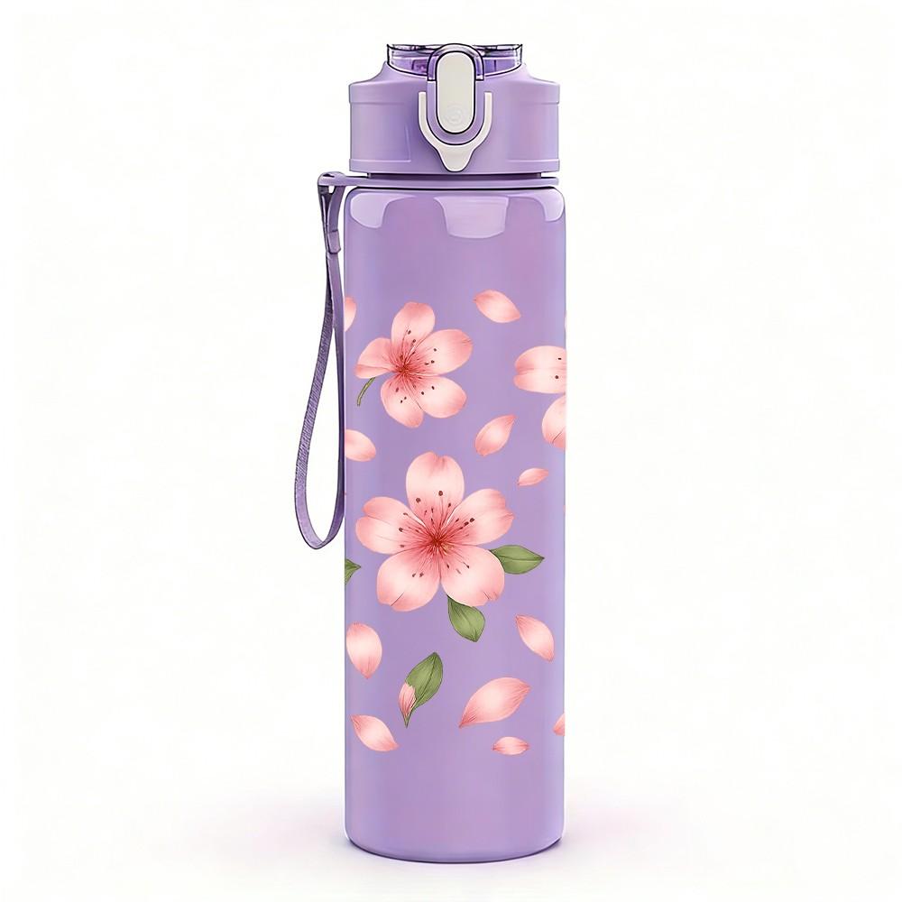 1PC Soft Pink Flower Repeat Pattern 750ml Color Plastic Sports Water Bottle Leakproof Flip Straw Lid Suitable for Sports Office Home Use