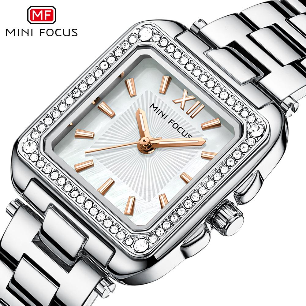 MINIFOCUS Women's Light Luxury Watch with Square Case Mother-of-Pearl Dial Stainless Steel Strap Luminous Hands Relogios