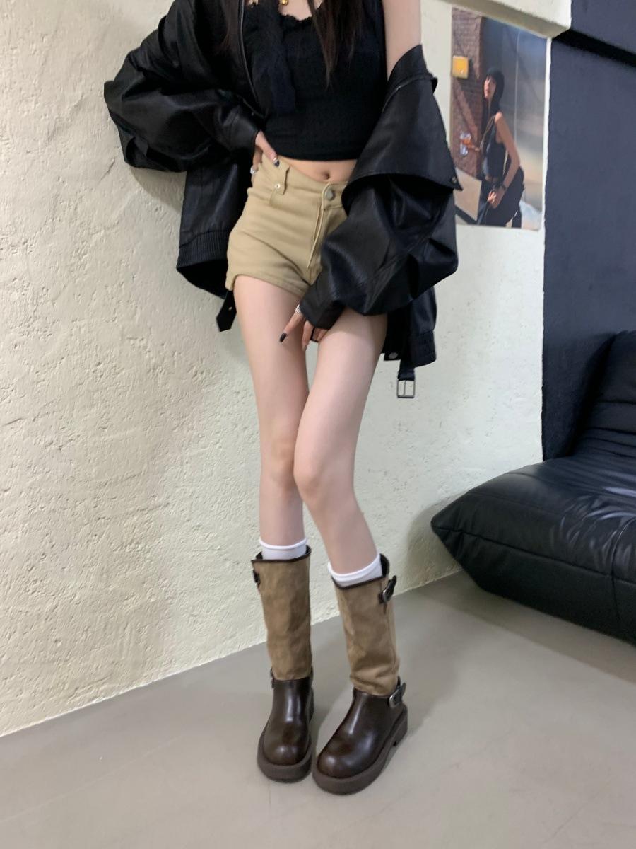

2025 autumn and winter new long boots women s British retro medium heel splicing round head knight boots belt buckle thick heel boots 39 хаки