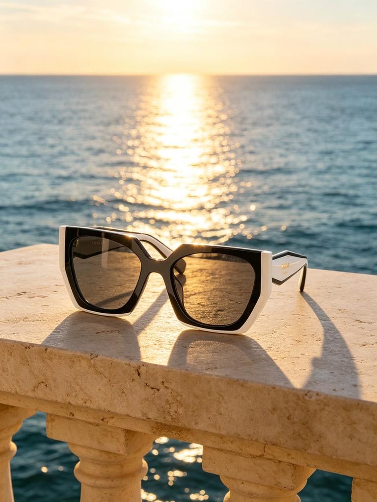 PRADA Women Two-Tone Black White Cat Eye Sunglasses Retro Geometric Thick Acetate Frame UV Protection Anti Glare Fashion Street Driving Shades
