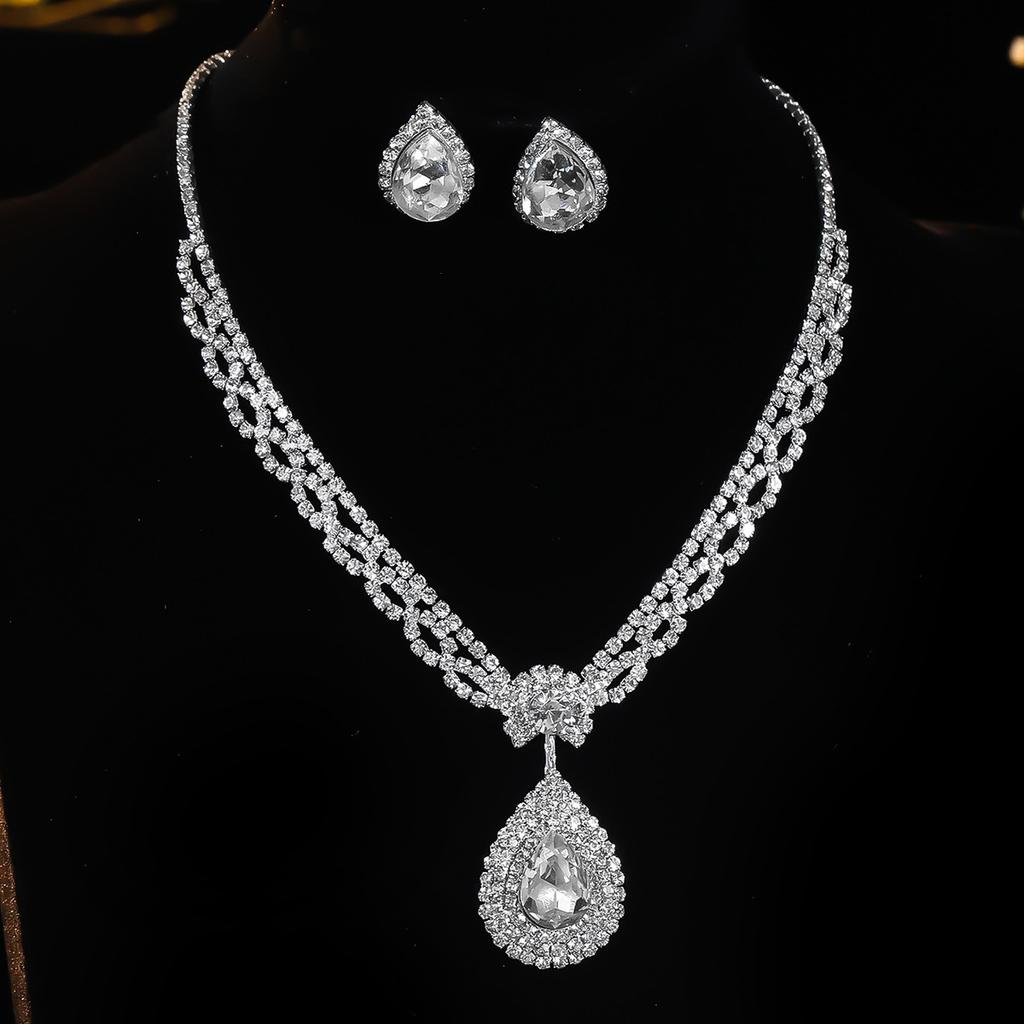 Luxury Sparkling Diamond Water Drop Necklace Earrings Two-piece Set, Fashion Trend Item Earrings Set