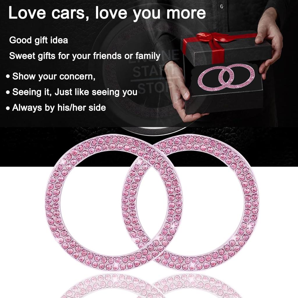 2 Pack Car Engine Start Stop Decoration Ring Pink, Crystal Decorative Ring Sticker Car Interior Accessories for Women, Automotive Pushbutton Switches