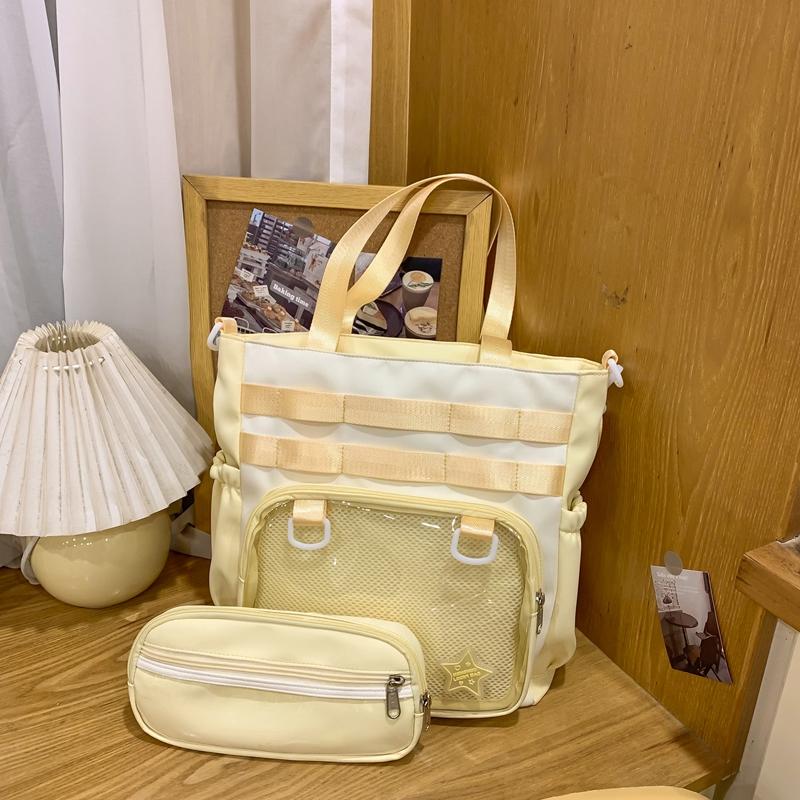 Solid Color Transparent Crossbody Bag Student Handbag Women's Large Capacity Shoulder Tote Bag with Pen Bag