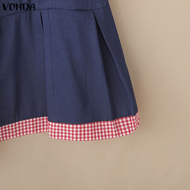 VONDA Women Turn Down Collar Long Sleeve Stitching Plaid Print Casual Ruffled Dress