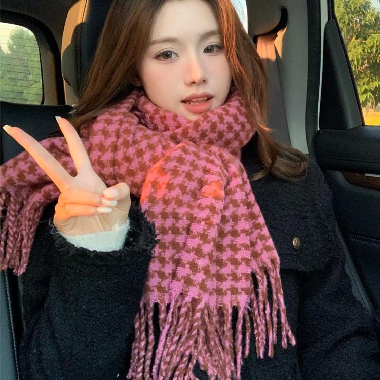 Houndstooth Plaid Tassel Scarf for Girls Winter New Retro Warm Knitted Couple Scarf and Shawl Dual Use