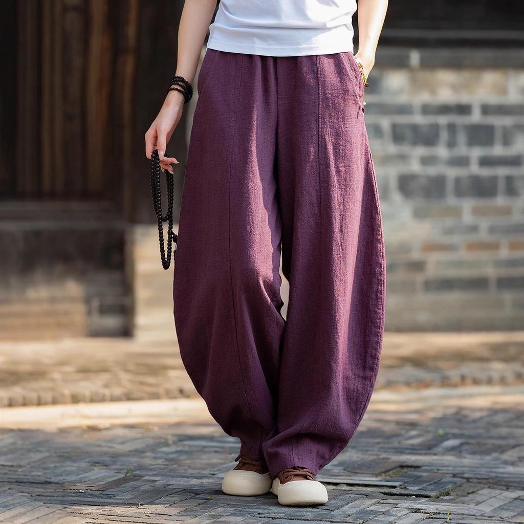 Linen Bloomers Wide Leg Pants Women Vintage Full Length Fashion Elegent Pants Solid Elasitic Waist Spring Autumn 5XL