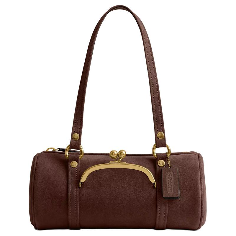 

COACH KisslockBarrel 28 Outside Kisslock Pocket Zipper Closure Cowhide Split Leather Barrel Tote Shoulder Bag Large Women s Brass with Dark Chocolate чорний