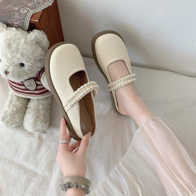 

2025 new baotou half slippers women s outer wear beads wind super fire spring summer versatile French niche women Liang Feng Hong 35