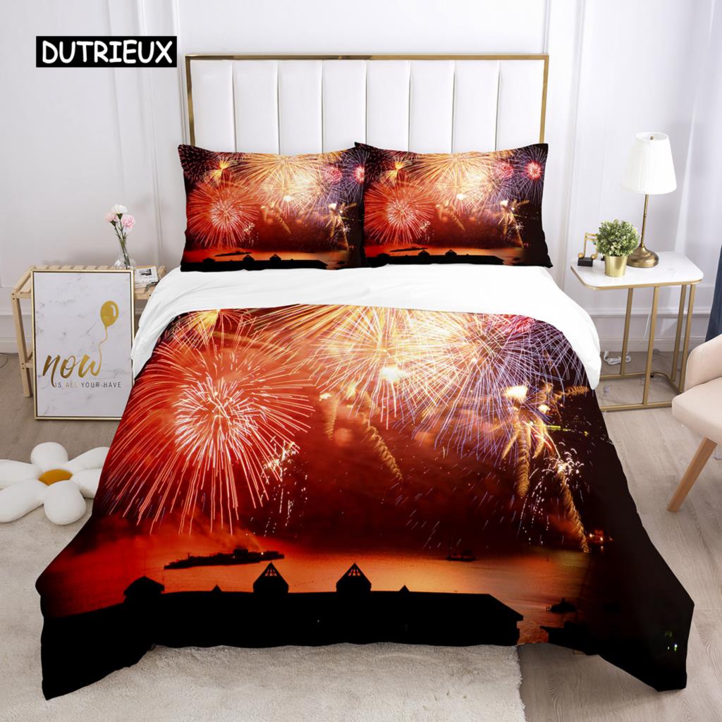 Firework Duvet Cover Set Queen Size Colourful Fires Bedding Set Microfiber Celebrate Merry Christmas Theme Soft Comforter Cover