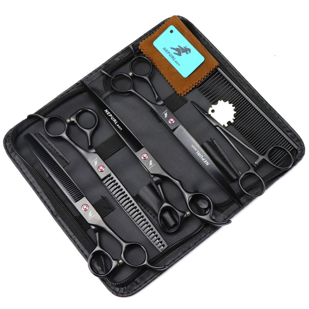 8.0 Black Pet Beauty Scissors Set, Flat Scissors, Curved Scissors, Tooth Scissors, Thin Scissors, Multi-Color 2 Teeth, 4 Fixed Logos.