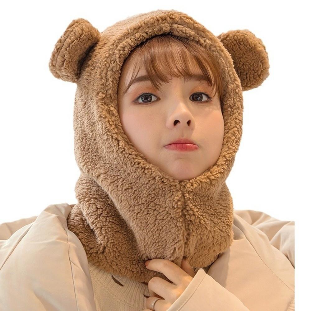 Windproof Bear Ear Hat Scarf Cute Plush Hat Scarf Fashion Winter Warm Hedging Cap Women