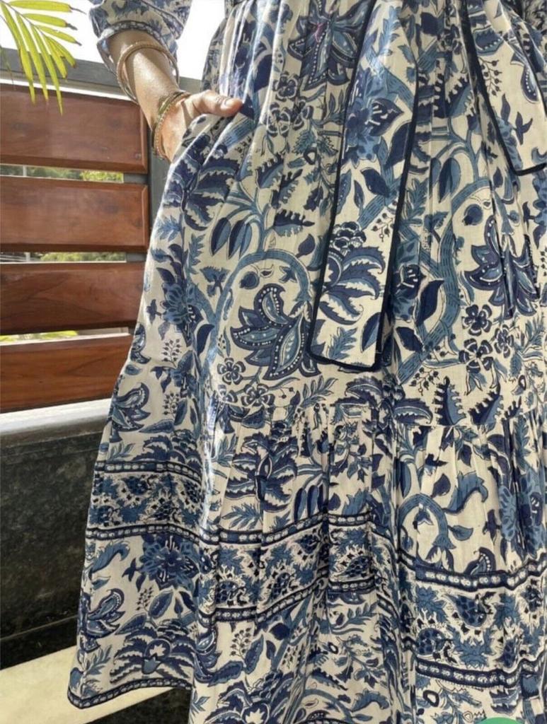 HandBlock Print Dress Jaipur Morni Cotton Summer Midi Dress Blue Cotton Shirt Dress with Belt,pockets