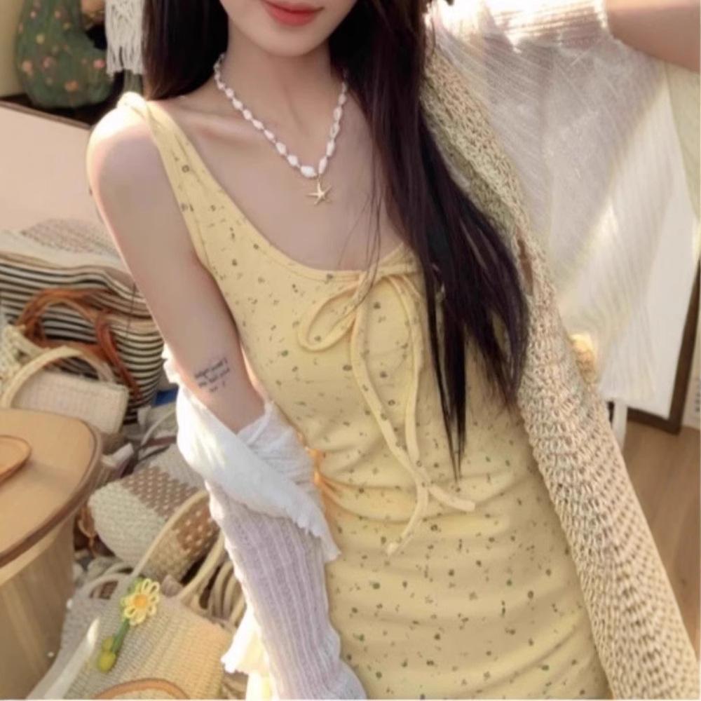 Yellow Gentle Wind Floral Dress Women's Summer New French Suspender Skirt Seaside Vacation Long Skirt